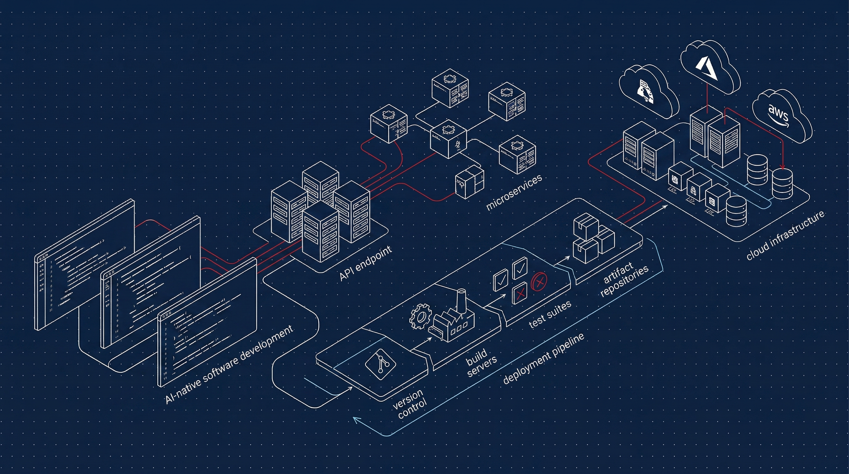 AI-native development blueprint — software architecture with microservices and deployment pipeline