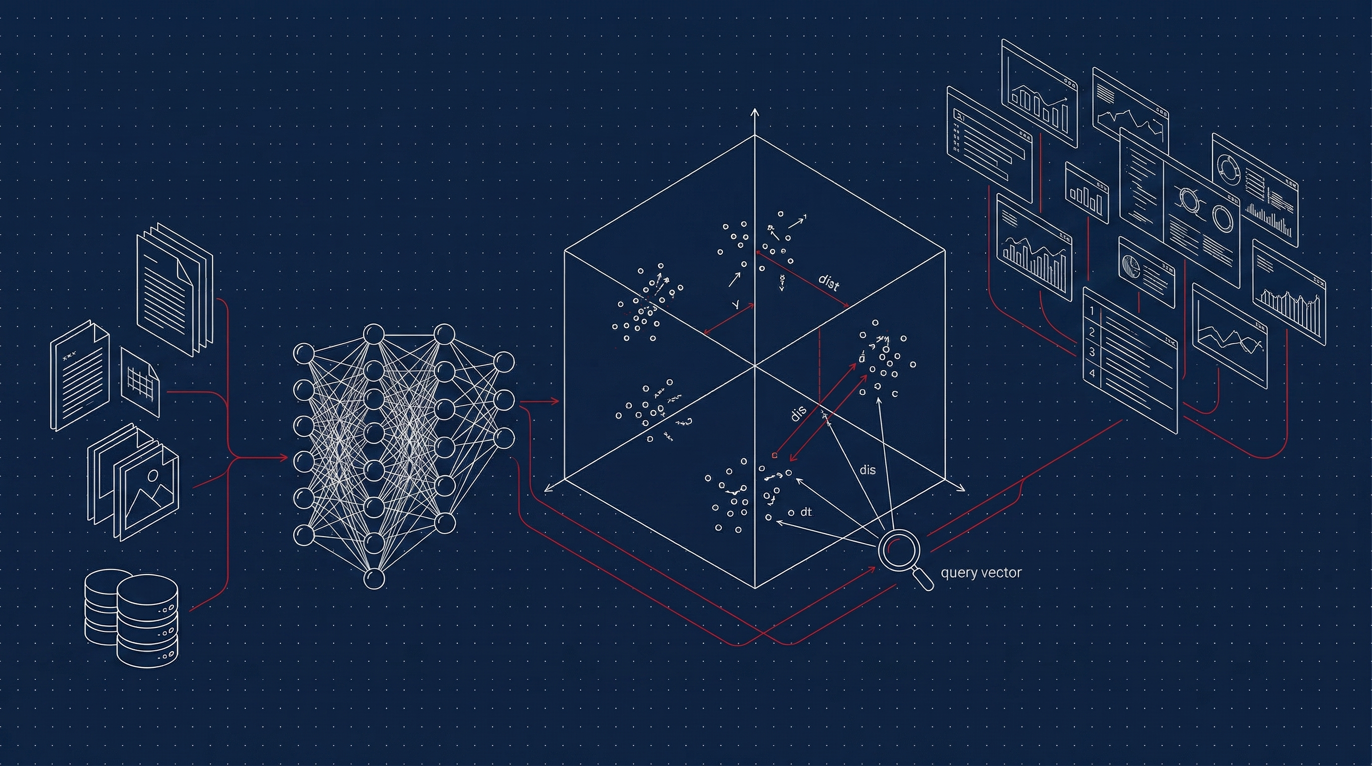 Vector embeddings blueprint — 3D vector space with neural network and semantic search