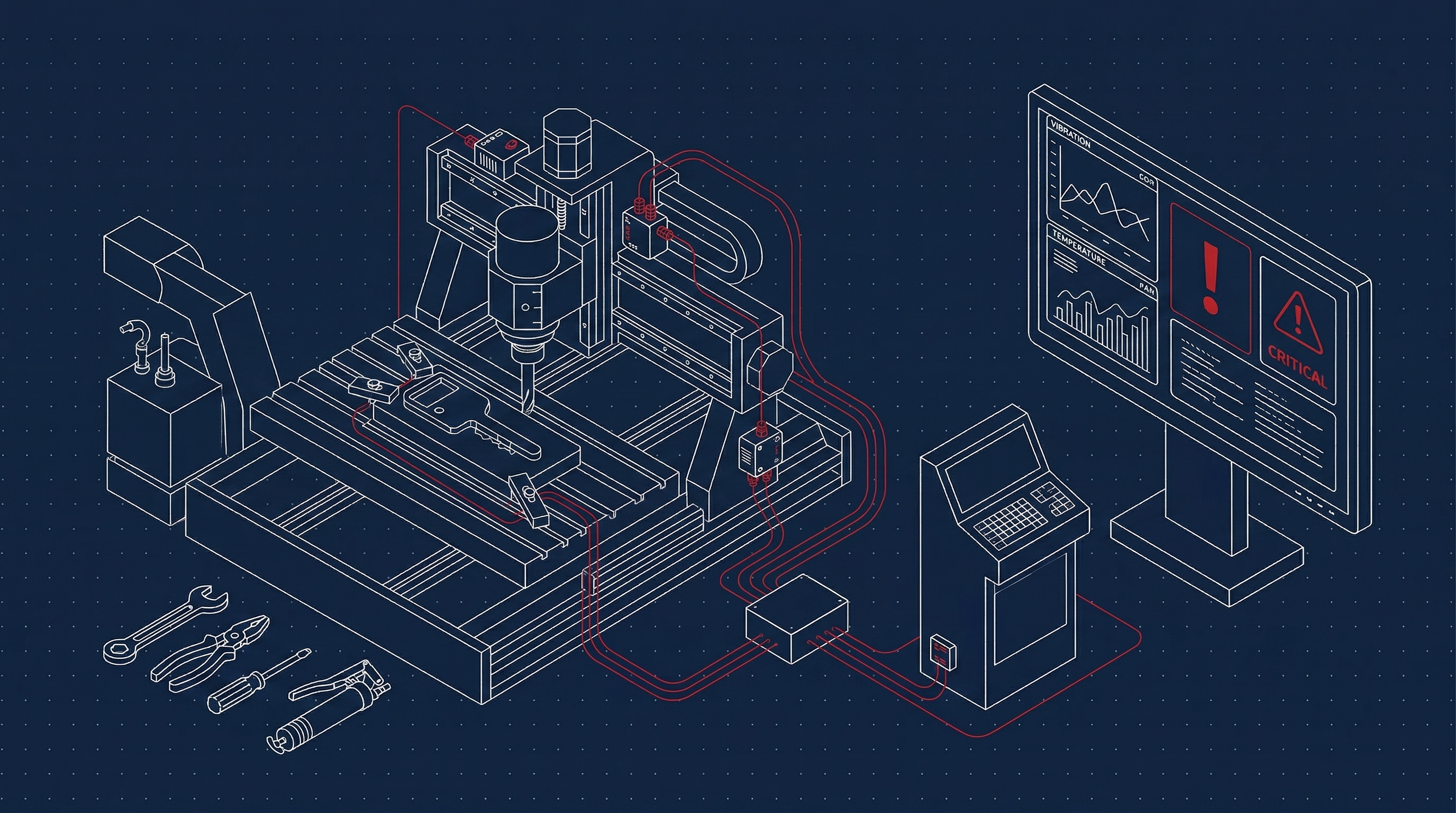Equipment maintenance blueprint — CNC machine with sensors and diagnostic displays