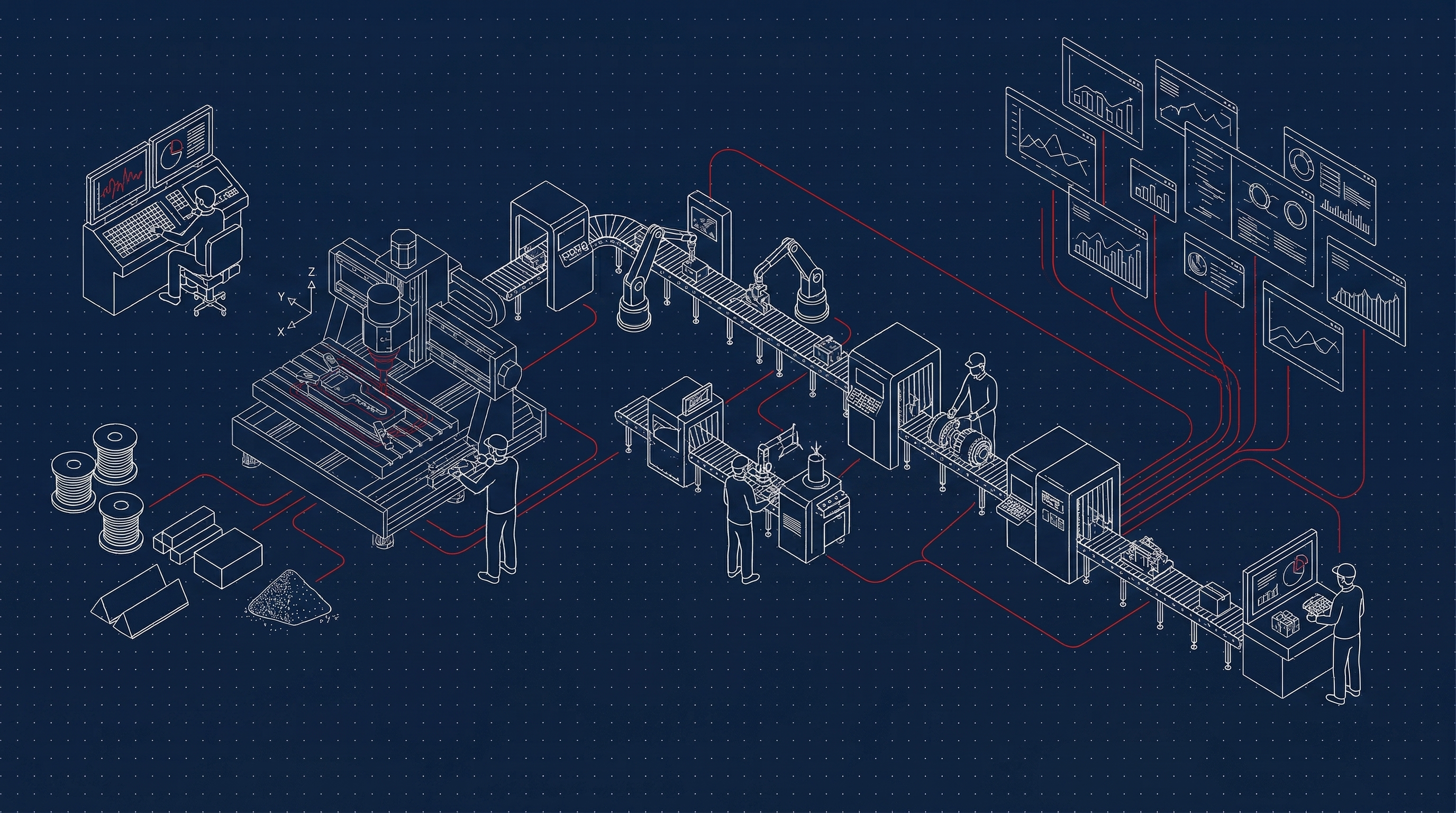 Production intelligence blueprint — factory floor with CNC machines and monitoring dashboards
